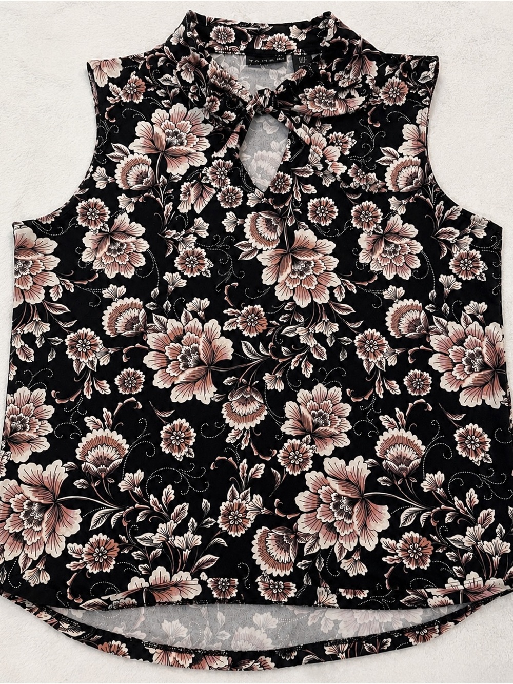 Tahari Black Sleeveless Floral Keyhole Blouse with Blush Accents